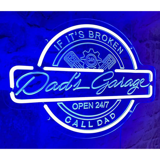 Vivid Bright Blue/White Dad’s Garage Wrench LED Night Light Sign Decor