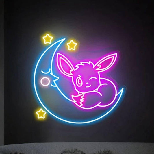 Super Cute Pink Winking Eevee on Crescent Moon LED Night Light Room Wall Decor
