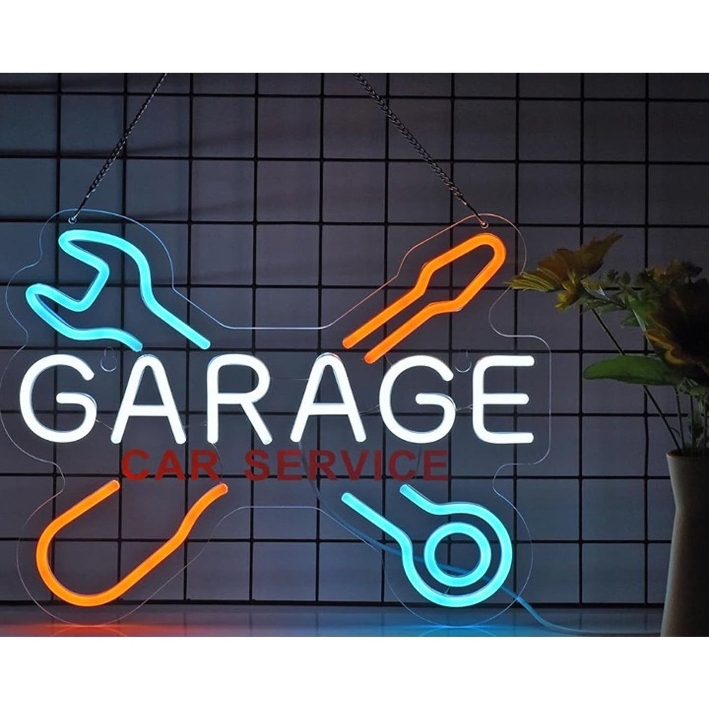 Vivid Bright Blue/Orange Garage Wrench & Screw Driver LED Light Sign Decor