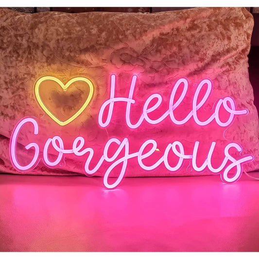Lovely Bright Pink “Hello Gorgeous” Yellow Heart LED Night Light Room Wall Decor