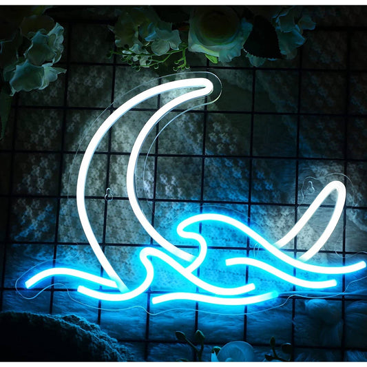 Lovely Bright White Crescent Moon One the Wavy Sea LED Night Light Room Wall Art