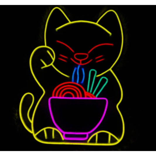 Fun Bright Yellow Lucky Chinese Kitty Cat Noodle Bowl LED Night Light Room Wall