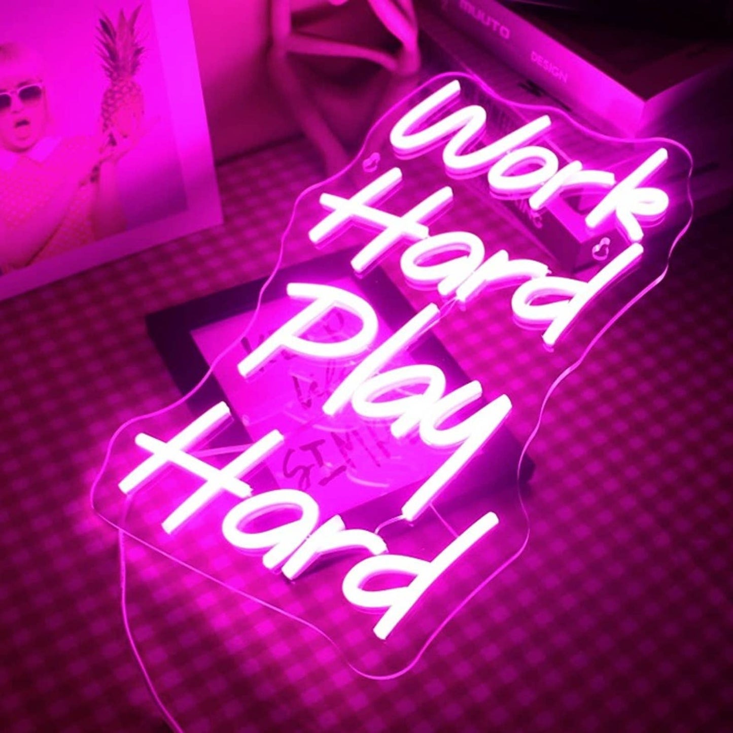 Lovely Vivid Bright Pink “Work Hard Play Hard” LED Night Light Room Wall Decor