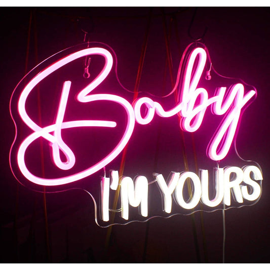 Romantic Bright Pink / White “Baby I’m Yours” LED Night Light Room Wall Love Dec