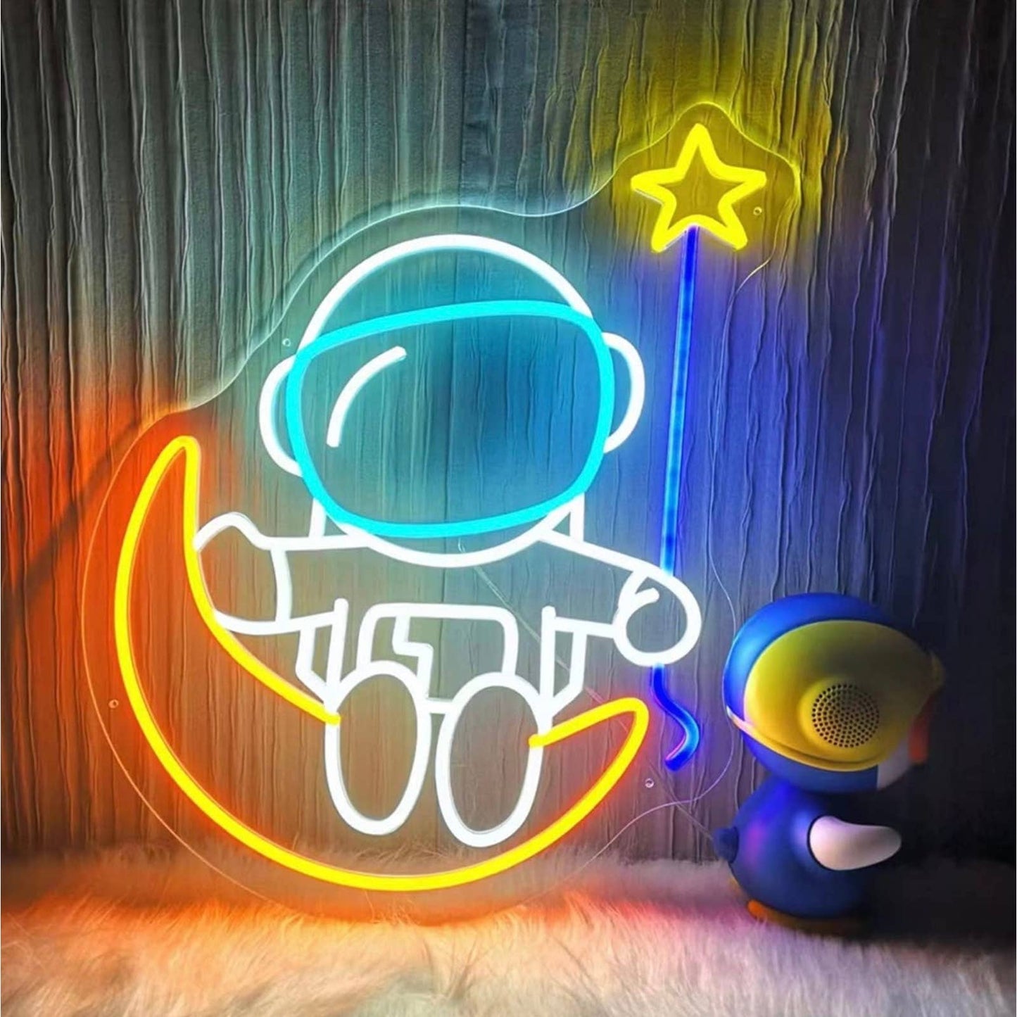 Cute Baby Astronaut Sitting on Moon With Star Balloon LED Night Light Room Wall