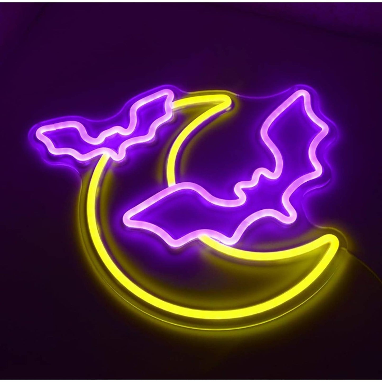 Spooky Bright Purple Bats & Yellow Crescent Moon LED Night Light Room Wall Decor