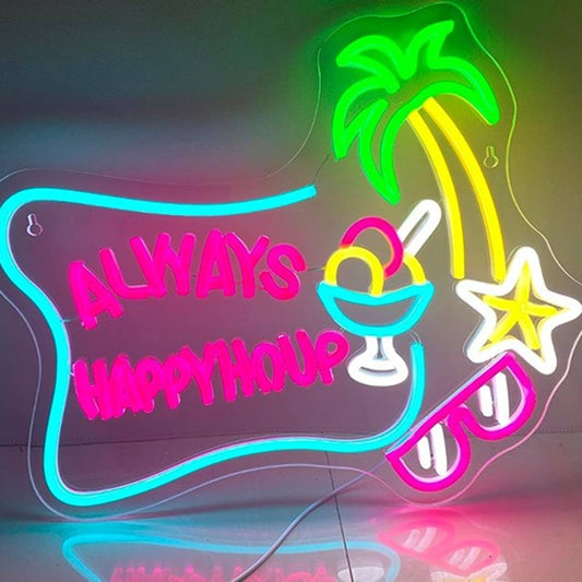 Colorful Fun Bright “Always Happy Hour” Drink Palm Star Sunglasses LED Light