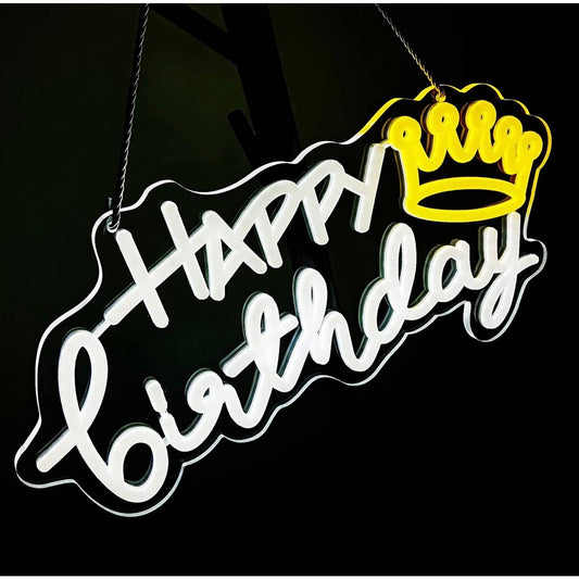 Lovely Bright Bright Yellow Crown Happy Birthday LED Night Light Room Wall Decor