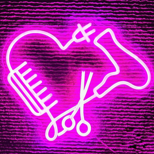 Lovely Bright Pink Salon Spa Heart LED Light Comb Scissor Hair Dryer Decor