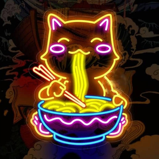 Fun Bright Chinese Baby Kitty Cat Eating Ramen Noodle Bowl LED Light Room Decor