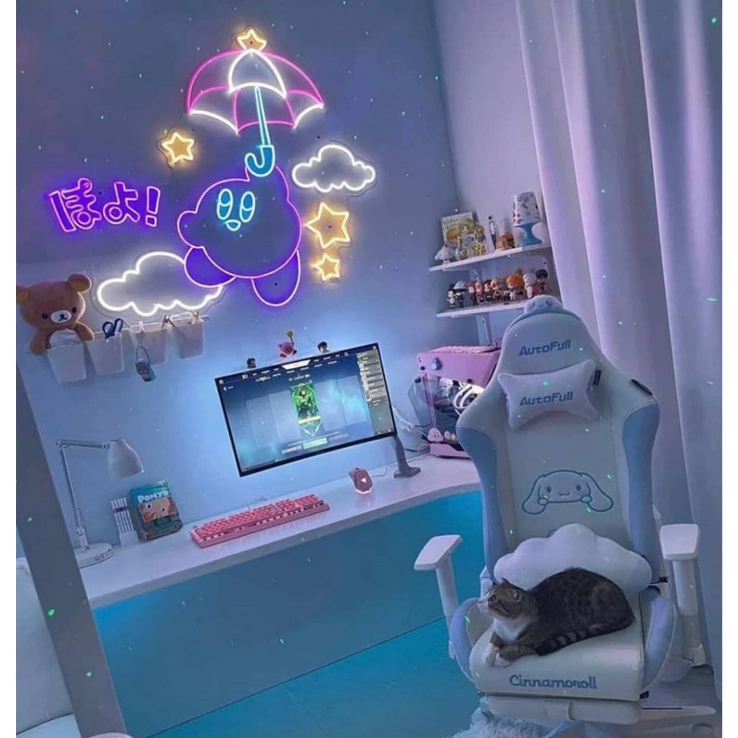 Fun Bright Kirby Floating in Starry Night Sky LED Light Anime Japan Sign Room De