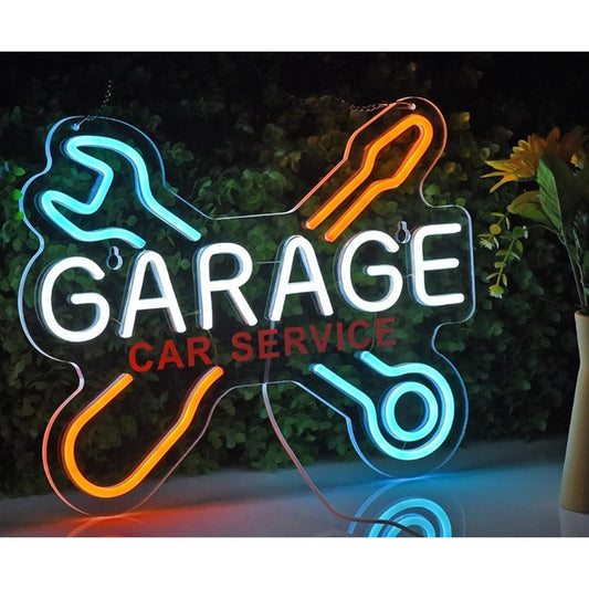 Vivid Bright Blue/Orange Garage Wrench & Screw Driver LED Light Sign Decor