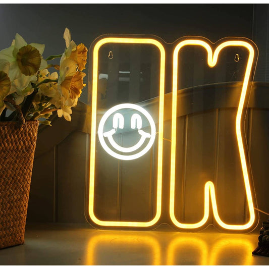 Fun Bright Yellow OK Smiley Face LED Night Light Room Wall Decoration