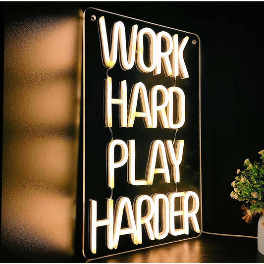 Motivational Bright White Work Hard Play Harder LED Night Light Room Wall Decora
