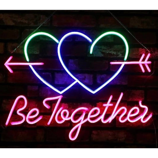 Lovely Large Bright Double Heart Arrow “Be Together” LED Night Light Love Wall D
