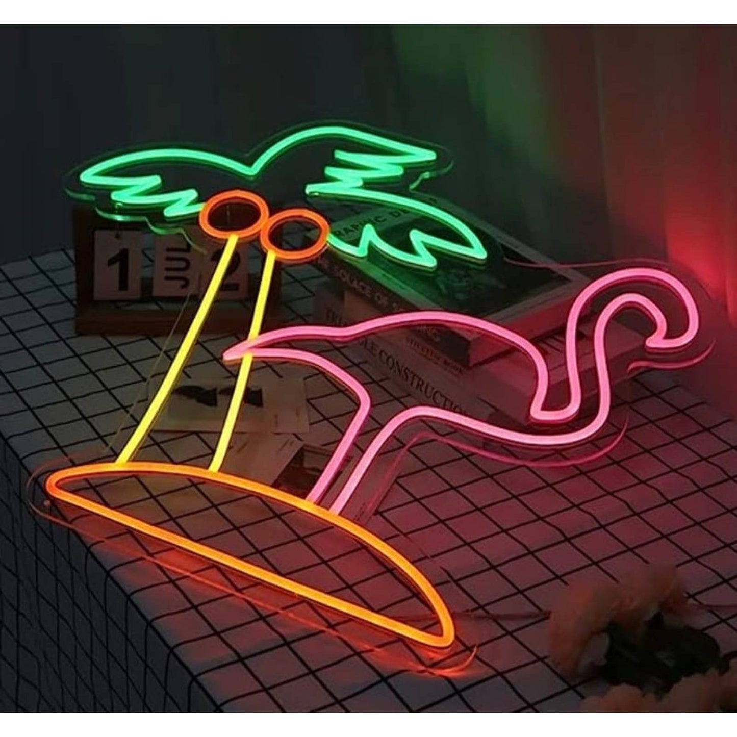 Tropical Bright Pink Flamingo & Palm Tree LED Night Light Room Wall Decoration