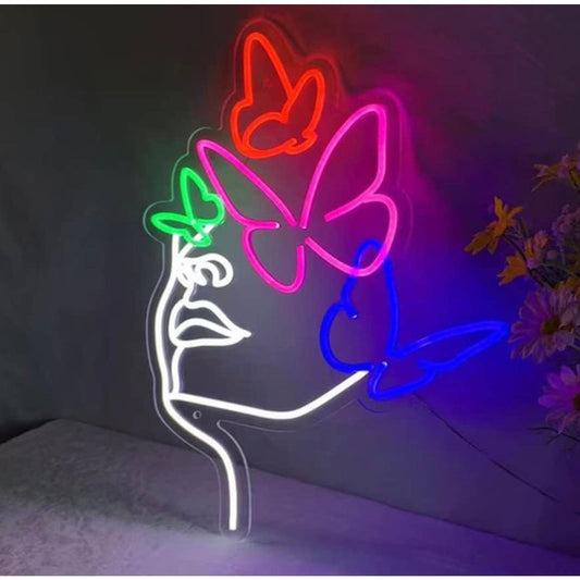 Gorgeous Rainbow Butterfly Face Woman LED Night Light Room Wall Art Decoration