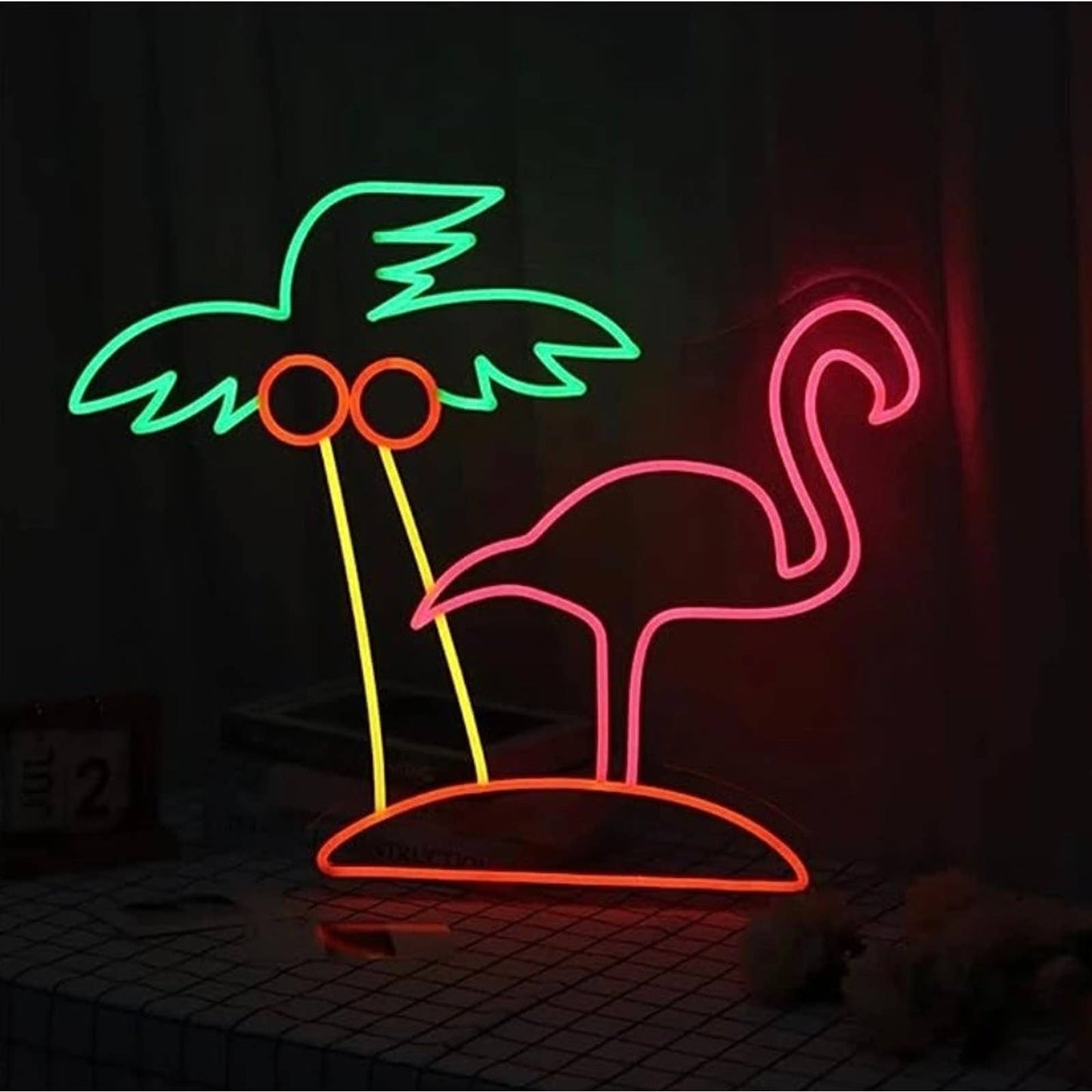 Tropical Bright Pink Flamingo & Palm Tree LED Night Light Room Wall Decoration