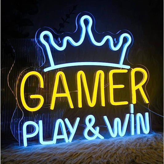 Fun Vivid Bright Blue / Yellow Play & Win Gamer King Crown LED Night Arcade Deco