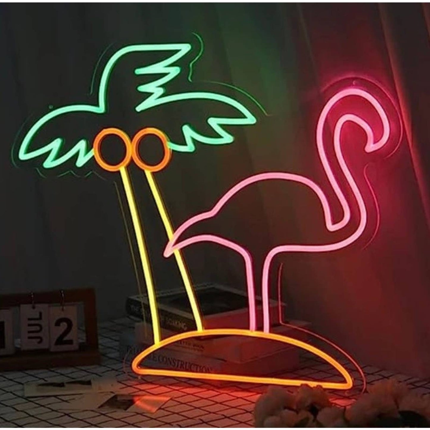 Tropical Bright Pink Flamingo & Palm Tree LED Night Light Room Wall Decoration