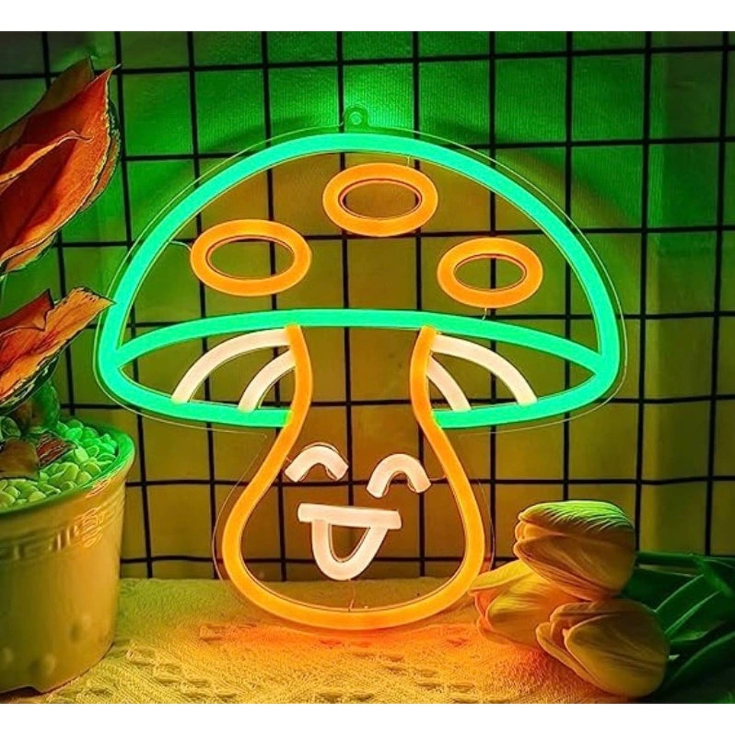 Cute Happy Bright Green Mushroom LED Night Light Room Wall Decor