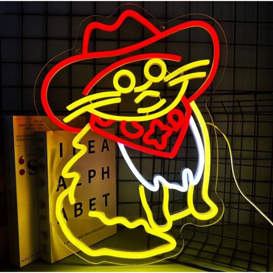 Funny Bright Yellow Cowboy Kitty Cat LED Night Light Room Wall Decoration