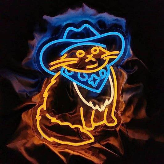 Fun Bright Blue Cowboy Cat LED Night Light Room Wall Decoration