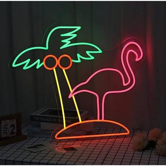 Tropical Bright Pink Flamingo & Palm Tree LED Night Light Room Wall Decoration